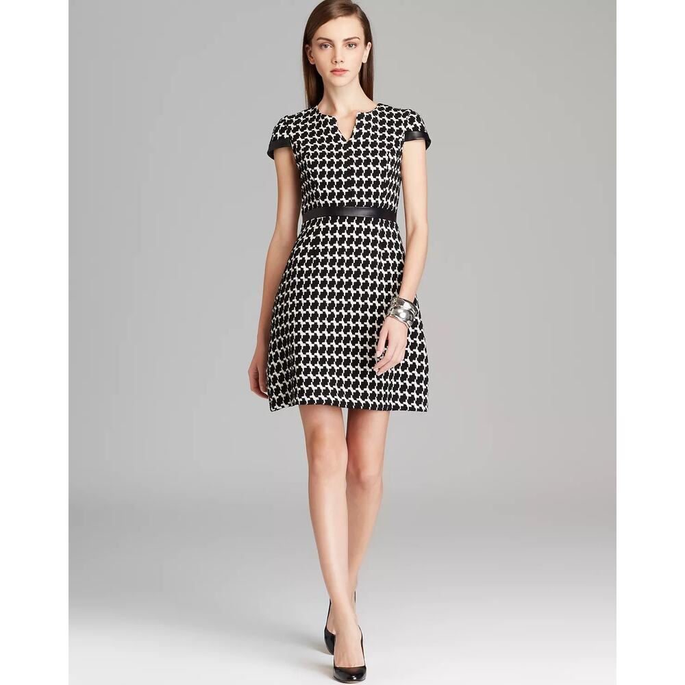 Shoshanna Women's Leather Trimmed Lambs Wool Houndstooth Jacquard Dress Reade 4‎